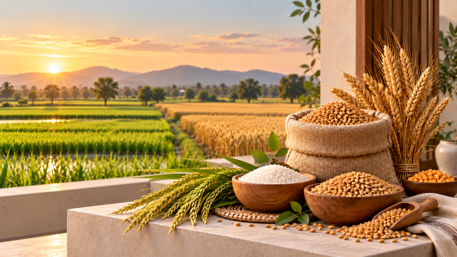 Wheat and paddy crops with agricultural seeds